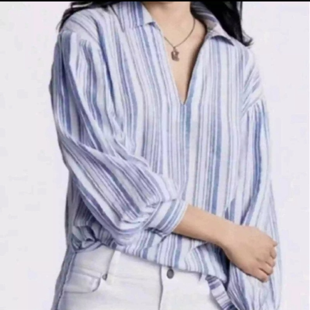 Cabi Pacific Top Linen Blend Striped Tunic White Blue Blouse 5894 Size Medium